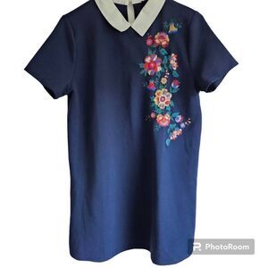 Mine Shirt Dress Mini Shift Embroidered Floral Collar Short Sleeve Navy M